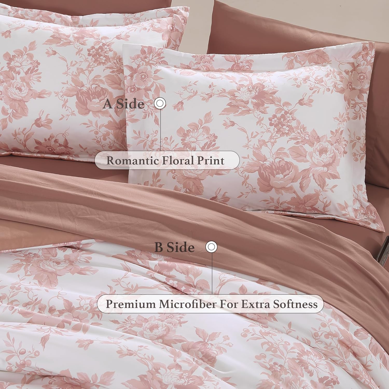 BLOOMHAVEN Oversized King Comforter Set -7 Pieces Floral Rose Bedding Set for All Seasons, Bed in a Bag with Botanical Flowers Comforter, Sheets, Pillowcases & Shams