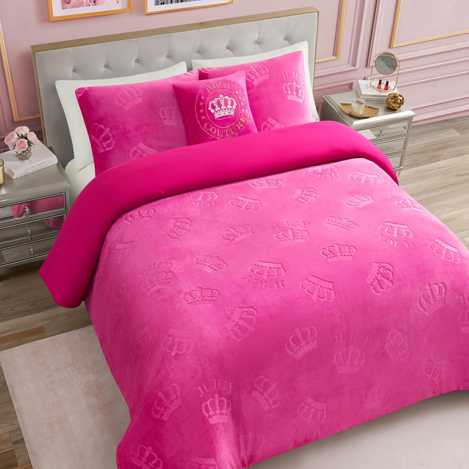 Juicy Couture Plush Reversible Embossed Crown 3-Piece Twin/Twin XL Comforter Set with Decorative Pillow, Hot Pink