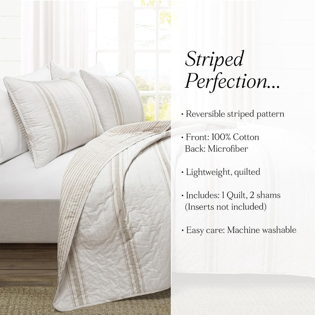 Lush Decor Farmhouse Stripe Reversible Cotton Quilt Queen Size 3 Piece Set Full/Queen Neutral - Farmhouse Bedding Set Queen Quilt - Striped Bedding