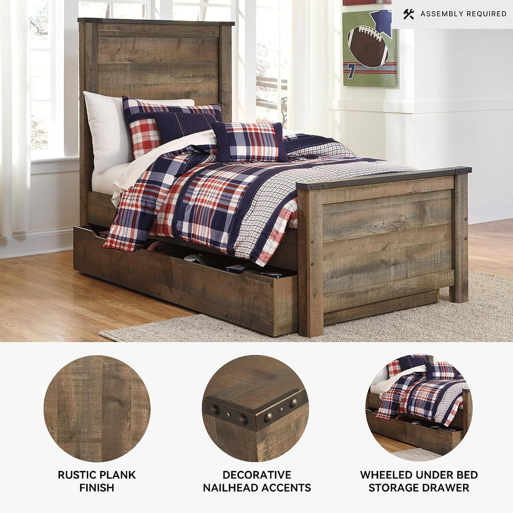 Signature Design by Ashley Trinell Casual Twin Panel Platform Bed with 1 Large Storage Drawer and Nailheads, Foundation or Box Spring Not Needed, Dark Brown