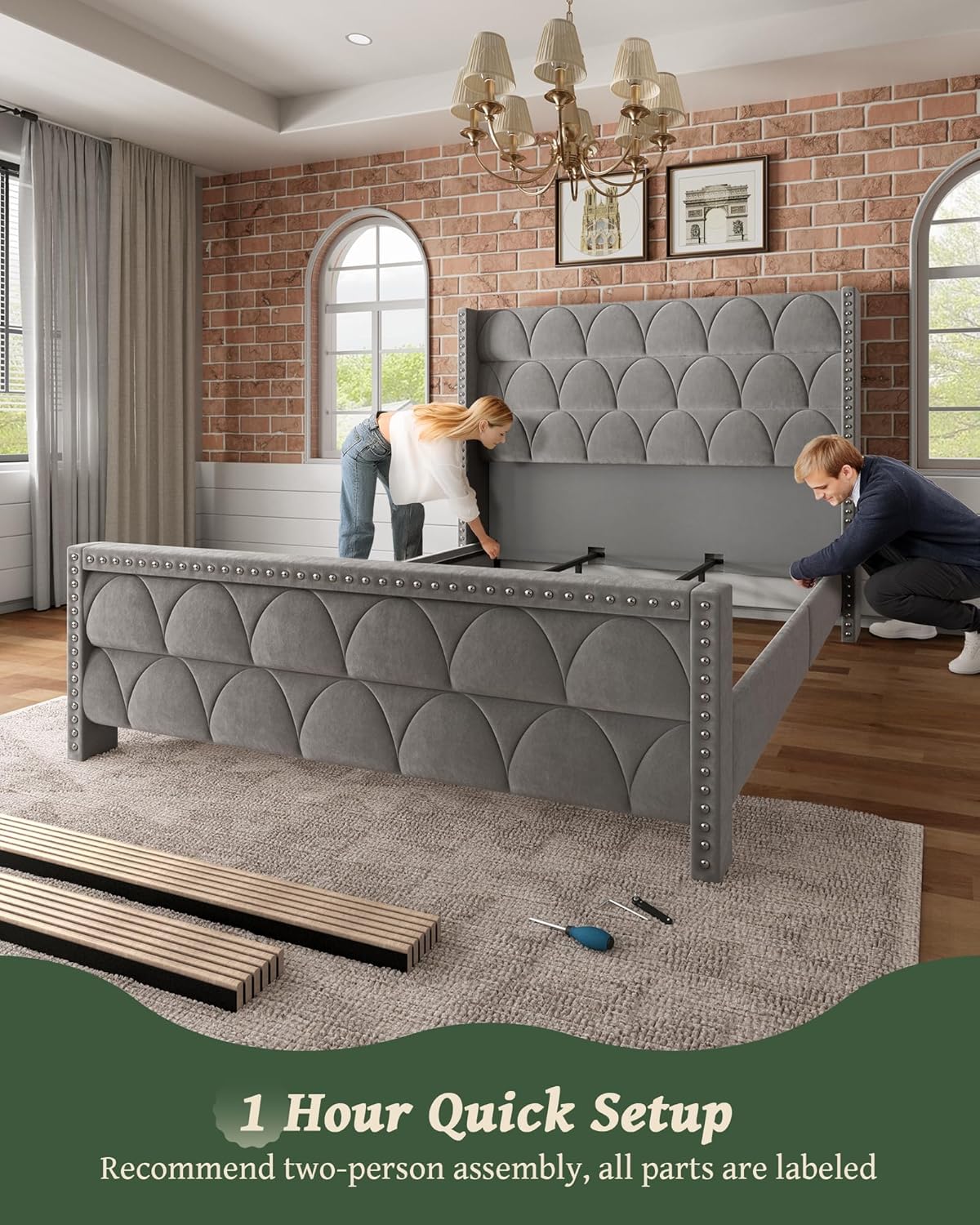 OHOHOLIVE King Size Bed Frame with 56' Headboard - Velvet Upholstered Wingback Platform Bed Frame, Noise Free, Sturdy Wooden Slat Support (Deep Gray, King)