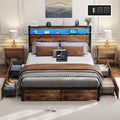 SADENICEL Queen Bed Frame with Storage Headboard and 4 Drawers, Metal Platform Bed Frame with LED Light, Charging Station, No Box Spring Needed, Noise Free, Easy Assembly, Vintage Brown