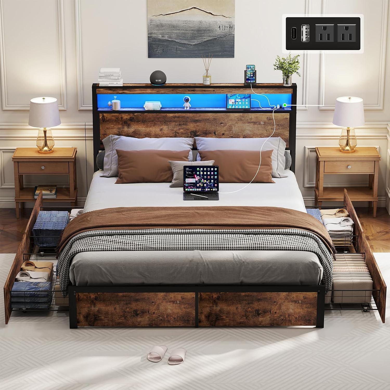 SADENICEL Queen Bed Frame with Storage Headboard and 4 Drawers, Metal Platform Bed Frame with LED Light, Charging Station, No Box Spring Needed, Noise Free, Easy Assembly, Vintage Brown