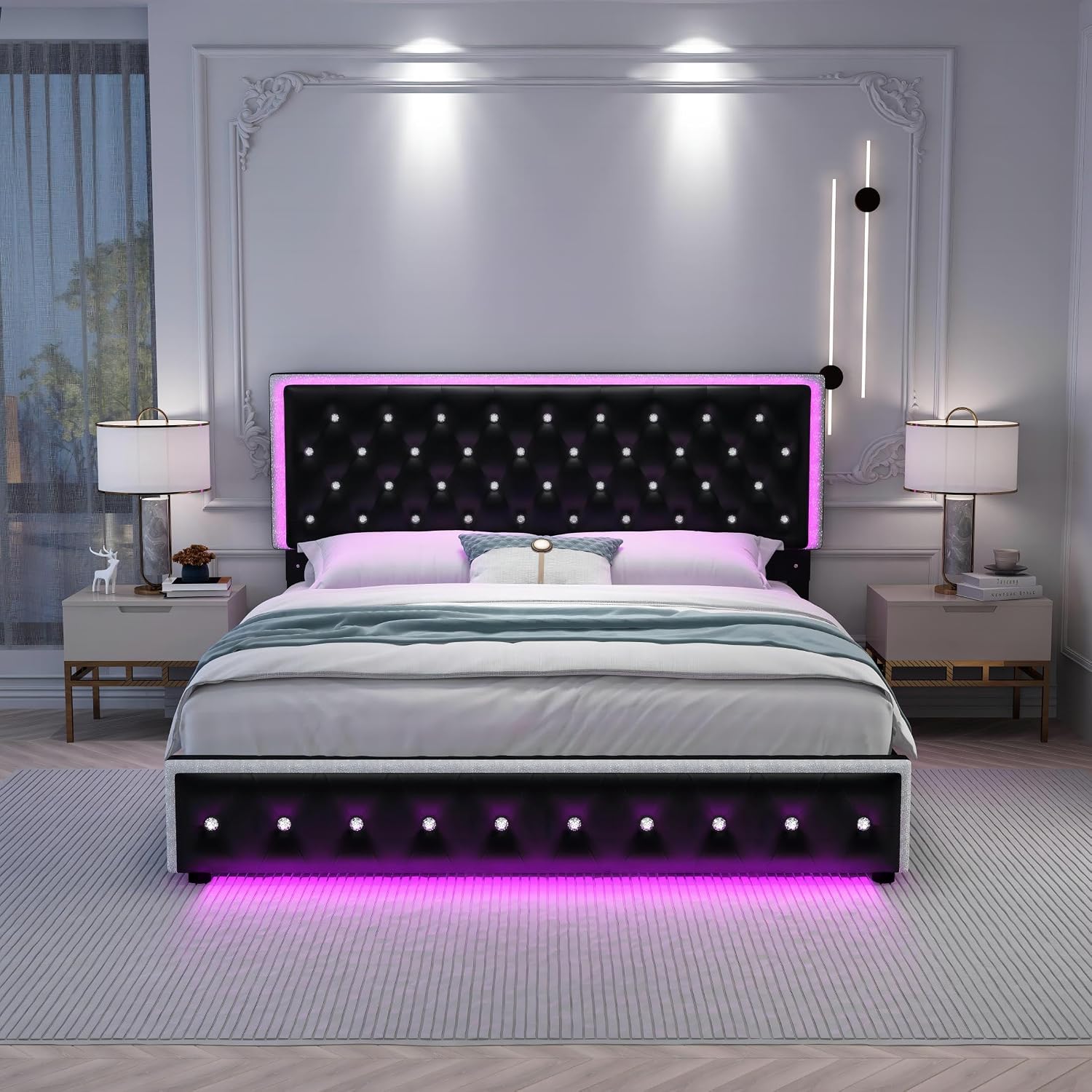 SIBEDS Queen LED Bed Frame with 2 Drawers, Storage Platform Beds with Upholstered Crystal Button Tufted Headboard Footboard, 2 Side Pockets, No Box Spring Needed, PU Black
