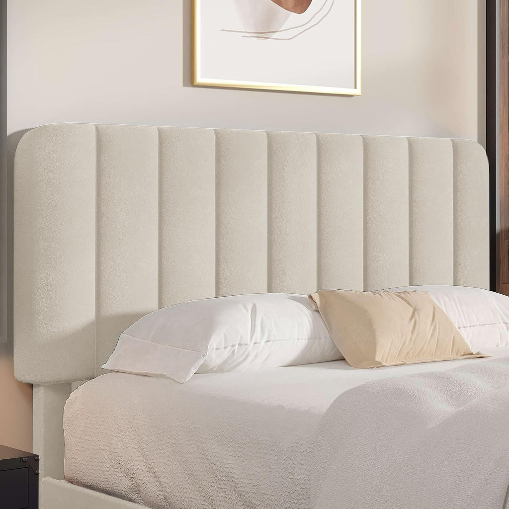 VECELO Full Size Bed Frame with Upholstered Headboard, Velvet Platform Bedframe Mattress Foundation, Strong Wood Slat Support, No Box Spring Needed,Bone Beige