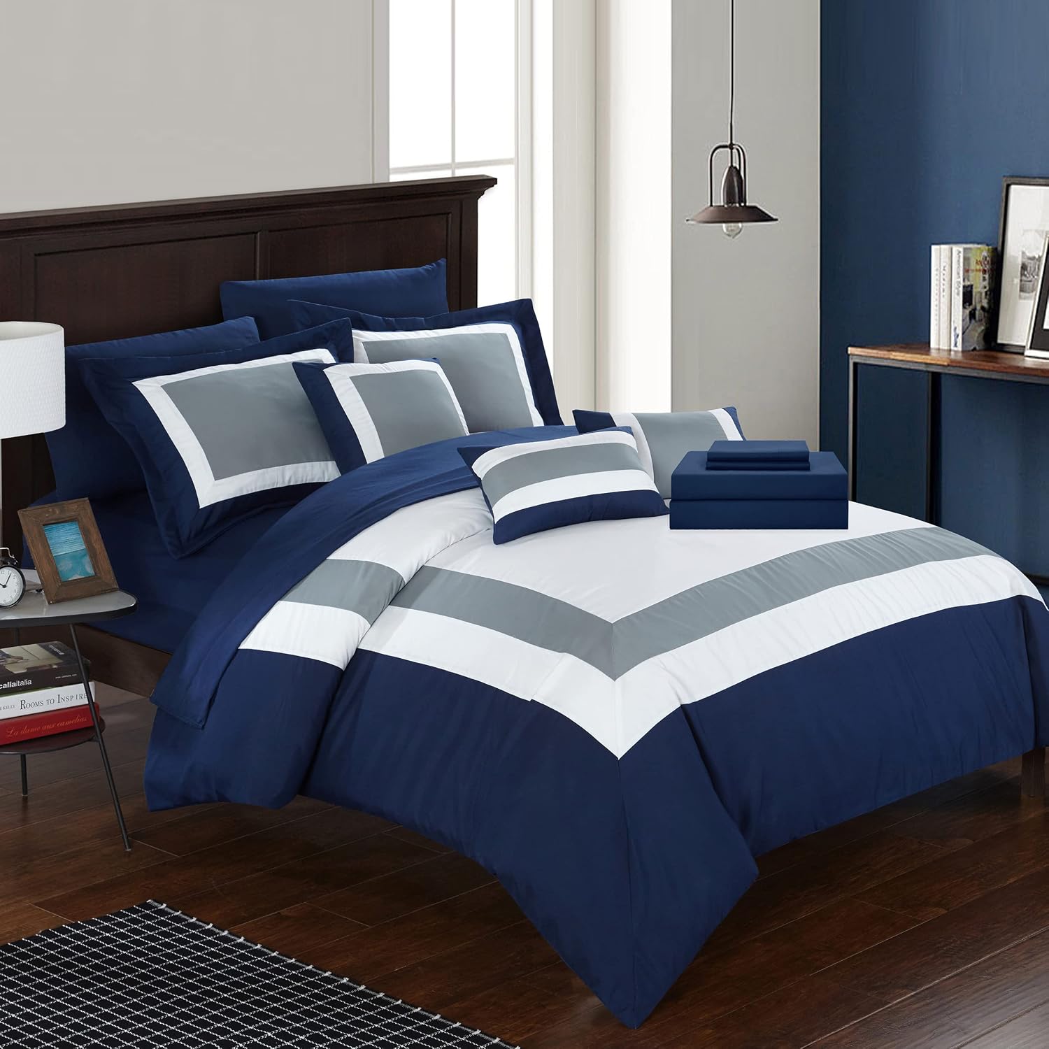 Chic Home Duke Queen Comforter Set 10-Piece, Colorblocked Queen Size Comforter Set with 2 Shams, 3 Pillows and Bedding Set Queen (Navy)