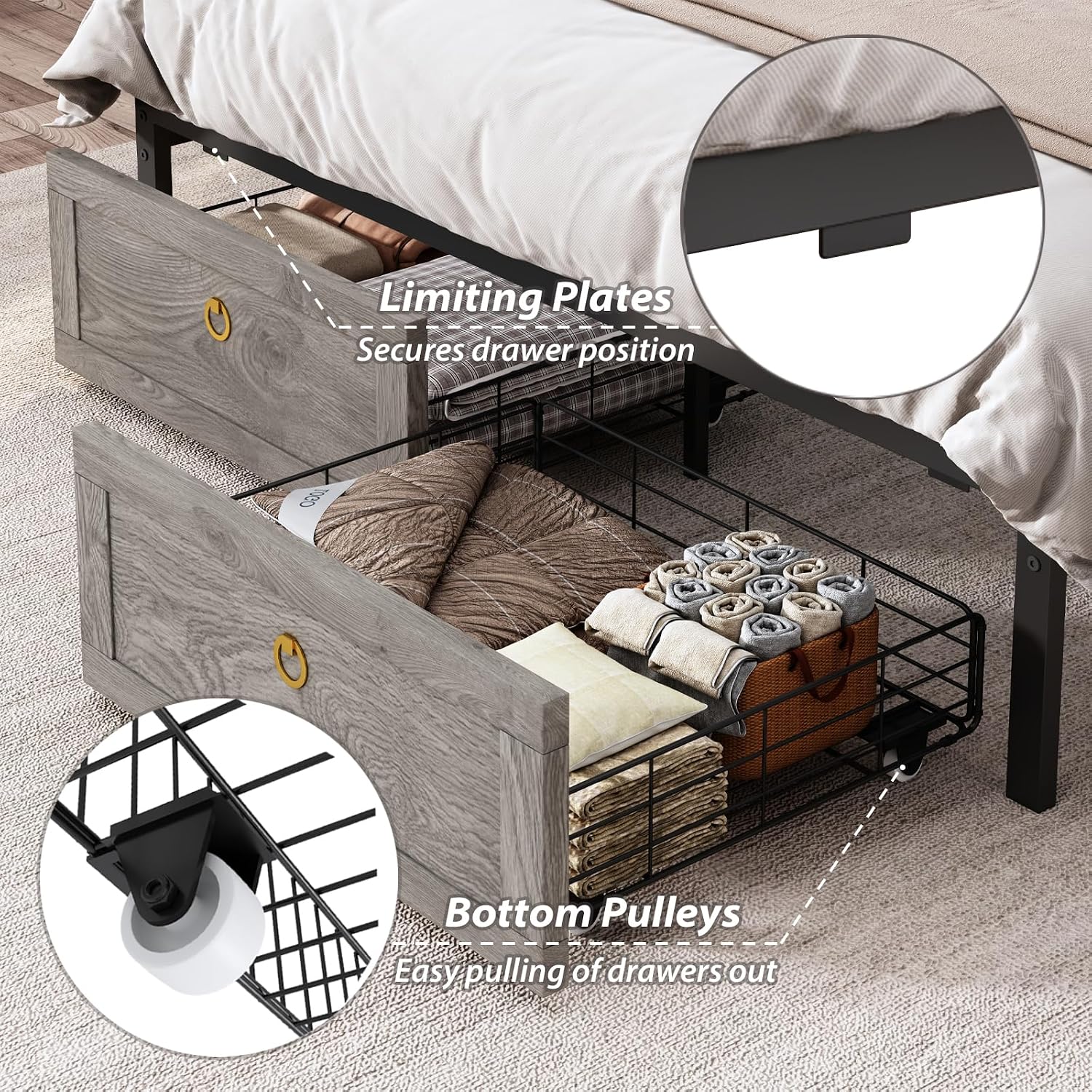 TIGUBFRE Queen Bed Frame with Storage Headboard, Farmhouse Wood Bed Frame Queen Size with 4 Drawers, LED Light & Charging Station, Metal Slats Support, Noise Free, No Box Spring Needed, Rustic Gray