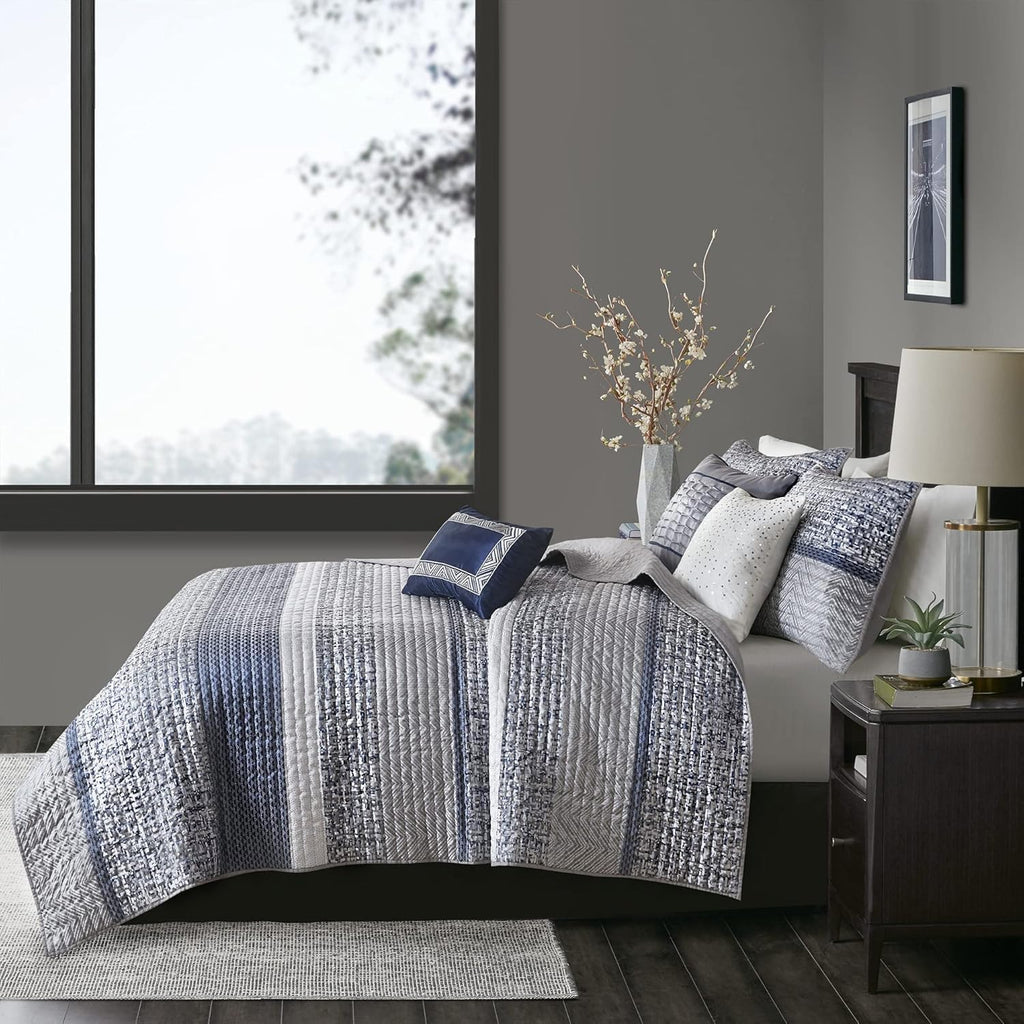 Madison Park Queen Quilt Set Lustrous Jacquard & Glitter Accent Coverlet Set for Queen Size Bed - All Season, Lightweight Queen Quilt Set, Shams, Decorative Pillow, Full/Queen Chevron Grey/Navy