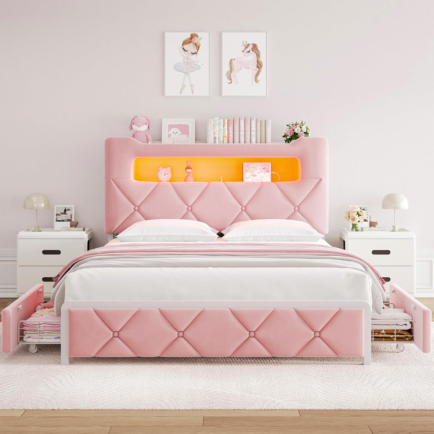 Full Upholstered LED Bed Frame with 2 Storage Drawers and 2-Tier Storage Headboard, Velvet Princess Platform Bed with Charging Station & Bookcase, Corner Bed Frame, Heavy Duty Metal Support, Pink