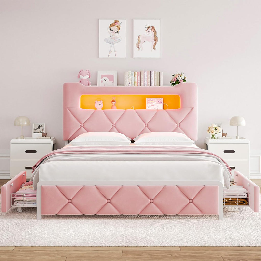 Queen Upholstered LED Bed Frame with 2 Storage Drawers and 2-Tier Storage Headboard,Velvet Princess Platform Bed with Charging Station & Bookcase,Heavy Duty Metal Support,No Box Spring Needed,Pink