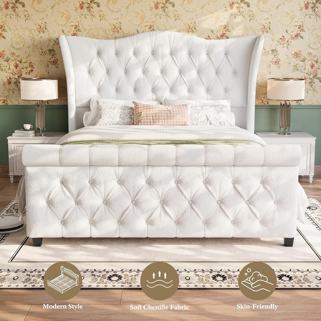 koorlian Queen Bed Frame,Chenille Upholstered Sleigh Bed with Scroll Wingback Headboard & Footboard,Luxury & Soft Button Tufted Queen Size Modern Bed,Easy Assembly,No Box Spring Needed