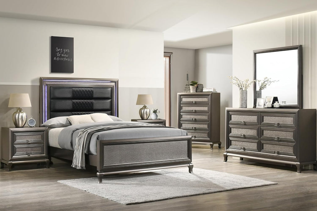 Kings Brand Furniture Tyler 6-Piece Queen Size Bedroom Set - Bed with LED Headboard, Dresser, Mirror, Chest and 2 Nightstands, Metallic Gray