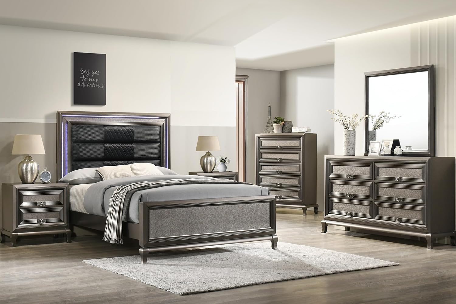 Kings Brand Furniture Tyler 6-Piece Queen Size Bedroom Set - Bed with LED Headboard, Dresser, Mirror, Chest and 2 Nightstands, Metallic Gray