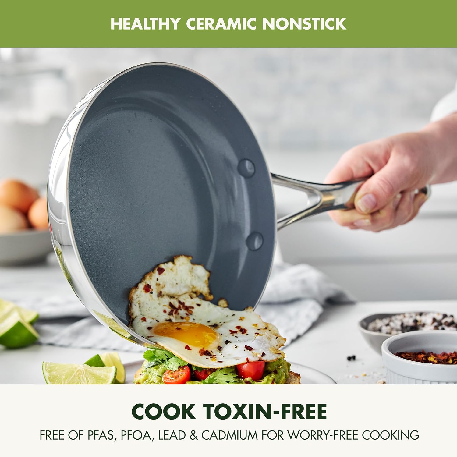 GreenPan Valencia Pro Tri-Ply Stainless Steel 8' & 10' Frying Pan Skillet Set, PFAS-Free Ceramic Nonstick Coating, Induction Ready Cookware, All Cooktops, Eggs & Omelets, Dishwasher & Oven Safe 600F