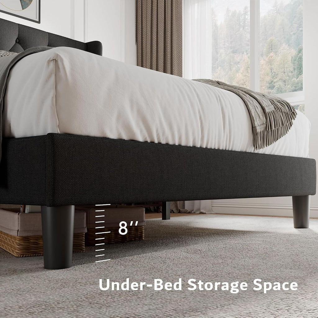 iPormis King Size Platform Bed Frame with Button Tufted Headboard, Upholstered Bed Frame with Solid Wooden Slats, 8' Underbed Space, No Box Spring Needed, Noise Free, Easy Assembly, Black