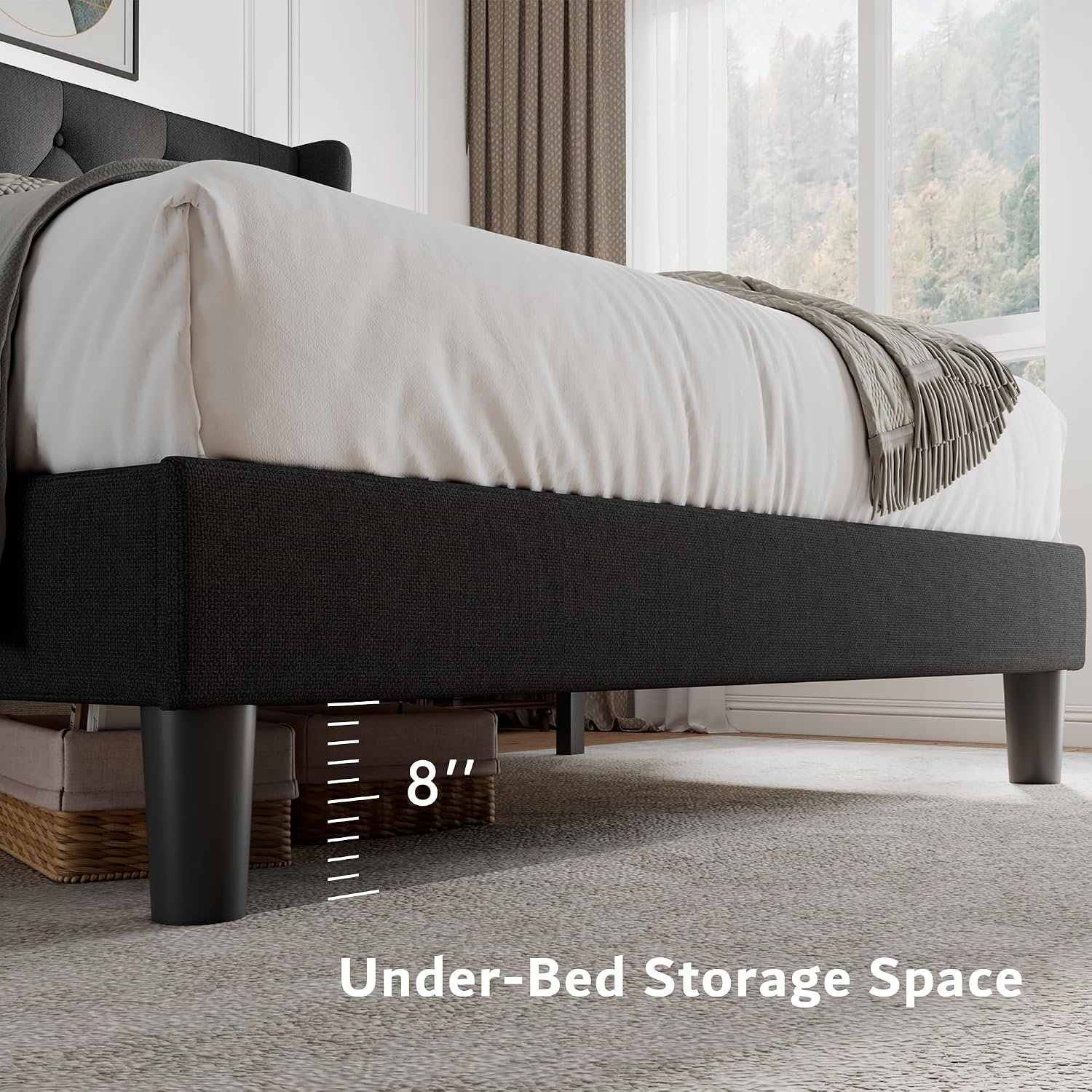 iPormis King Size Platform Bed Frame with Button Tufted Headboard, Upholstered Bed Frame with Solid Wooden Slats, 8' Underbed Space, No Box Spring Needed, Noise Free, Easy Assembly, Black