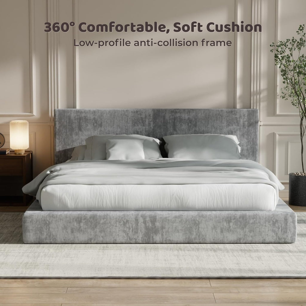 RECCI AirFrame King Size Bed Frame with Headboard, Cloud Upholstered Platform Bed Frame, 5 Inch Foam Cushioned, No Box Spring, Easy Assembly(Moon Grey)