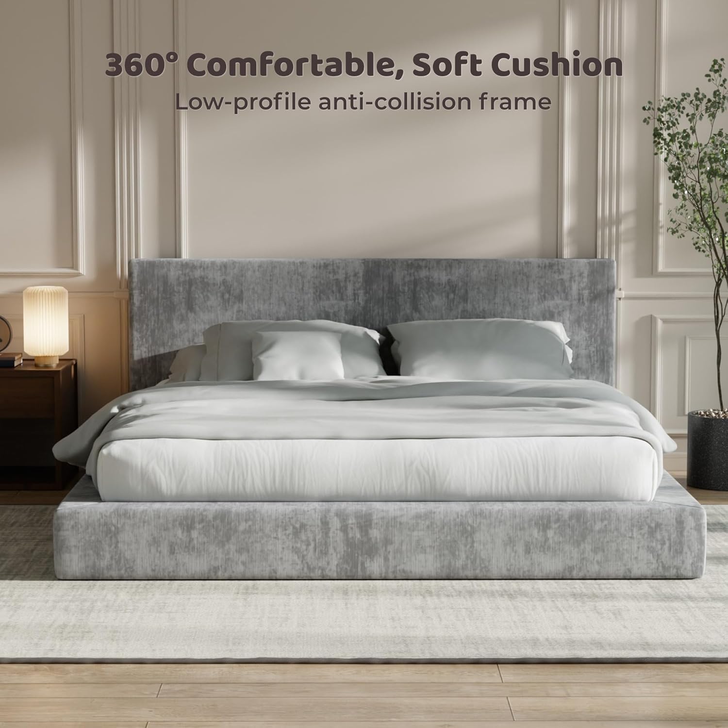 RECCI AirFrame King Size Bed Frame with Headboard, Cloud Upholstered Platform Bed Frame, 5 Inch Foam Cushioned, No Box Spring, Easy Assembly(Moon Grey)