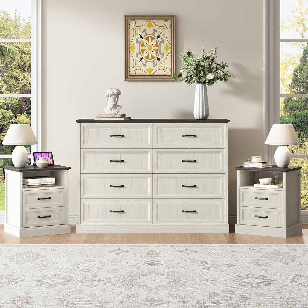 CARPETNAL Farmhouse Dresser and Nightstand Sets for Bedroom, 3 Pcs Bedroom Set, 8 Drawer Dresser & Nightstand Set of 2, Modern Wood Chest of Drawers for Bedroom Living Room, Entryway, White