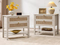 SICOTAS Boho Rattan Nightstand Set of 2, 26.7' Extra Wide Bedside Table with 2 Drawers & Open Shelf, White Oak Large Side Table for King Size Bed, Modern Coastal End Table for Master Bedroom