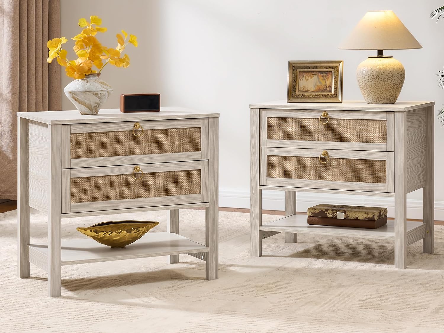 SICOTAS Boho Rattan Nightstand Set of 2, 26.7' Extra Wide Bedside Table with 2 Drawers & Open Shelf, White Oak Large Side Table for King Size Bed, Modern Coastal End Table for Master Bedroom