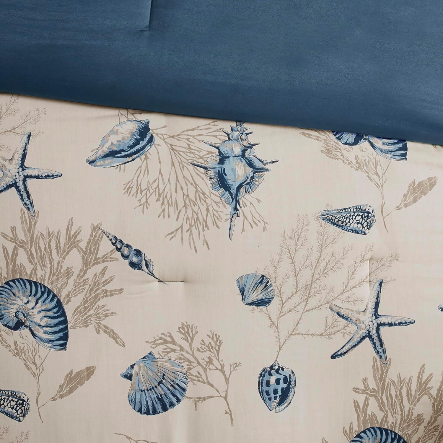 Madison Park 100% Cotton Comforter Set - Coastal Coral, Starfish Design All Season Down Alternative Cozy Bedding with Matching Shams, Decorative Pillow, Queen(90'x90'), Taupe 7 Piece