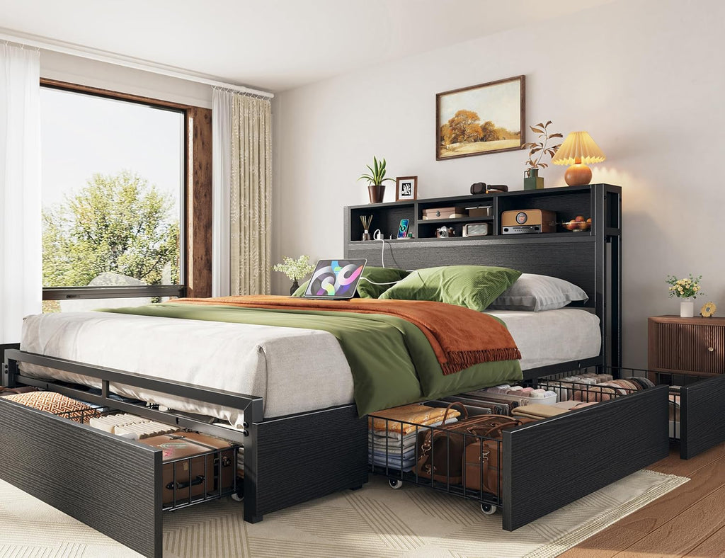 EnHomee Full Size Bed Frame with 6 Storage Drawers, Headboard & Charging Station, Noise-Free Metal Platform Bed, No Box Spring Needed,Black