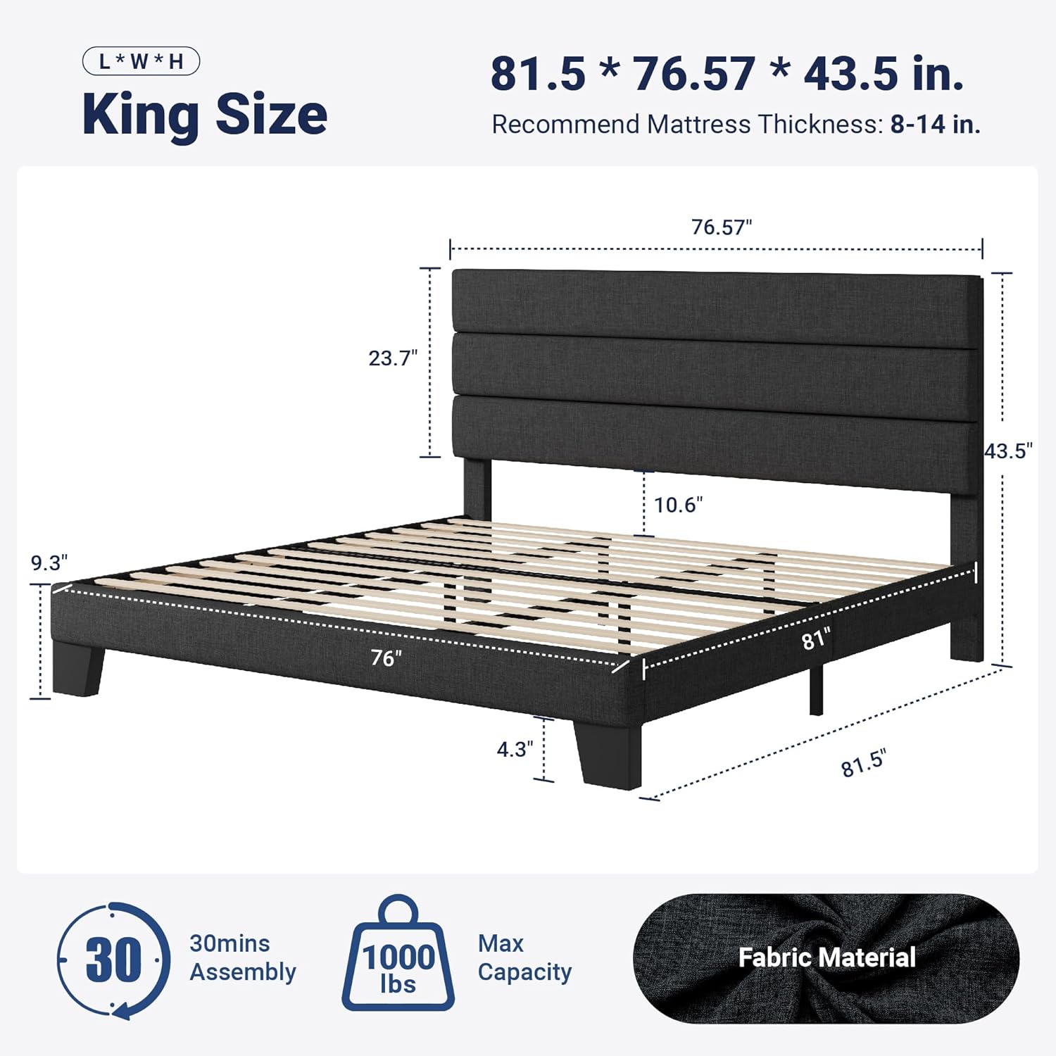 Allewie King Bed Frame Platform Bed with Fabric Upholstered Headboard and Wooden Slats Support, Fully Upholstered Mattress Foundation/No Box Spring Needed/Easy Assembly, Dark Grey