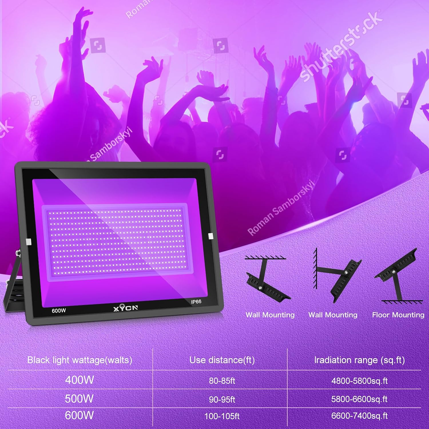 XYCN(3 Pack 600W LED Black Lights, 395nm to 410nm Outdoor IP66 Waterproof Flood Blacklight Light with Plug for Glow in The Dark, Dance Party, Stage Lighting, Body Paint, Neon Glow,Fluorescent Poster