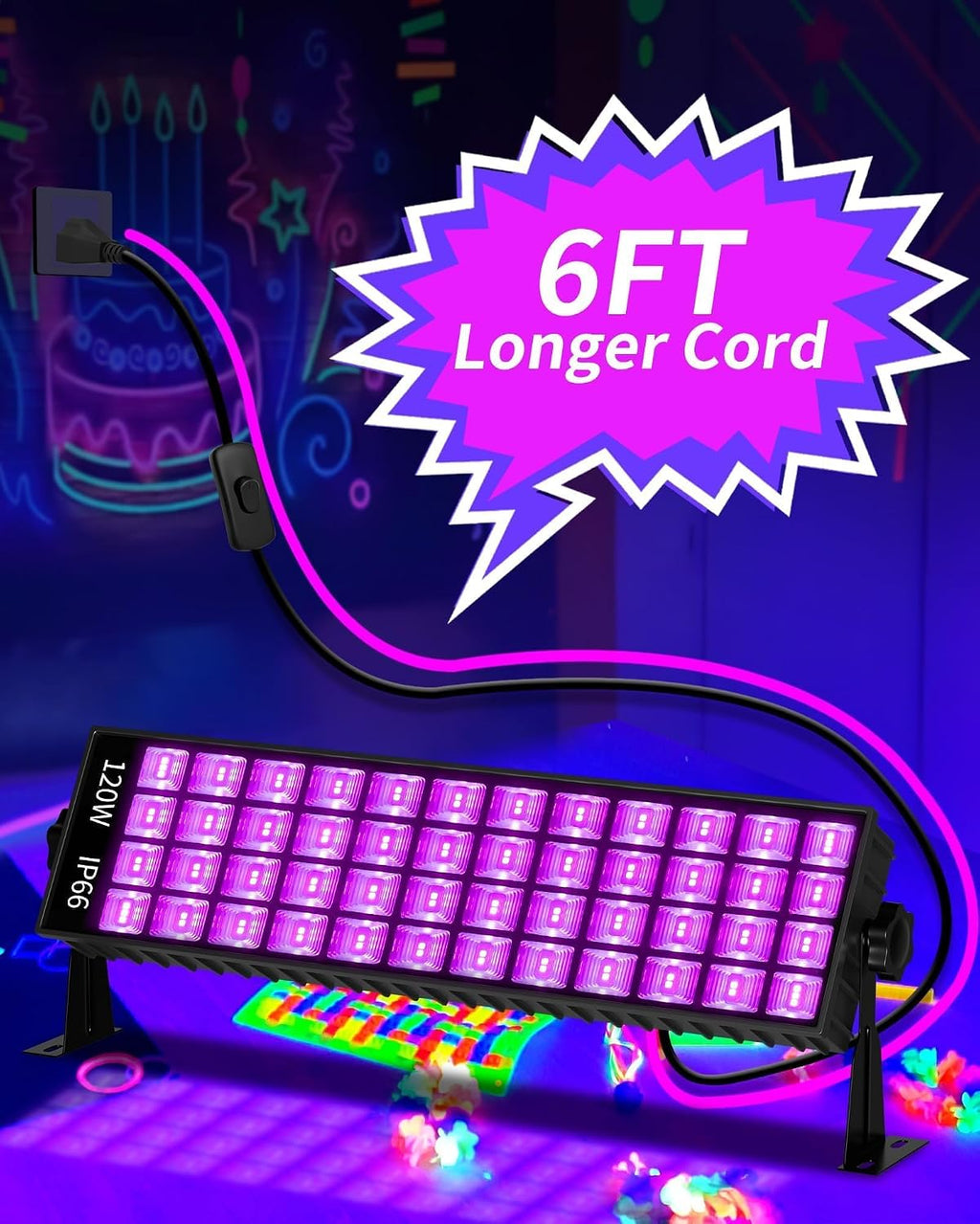 6 Pack 120W Black Light Bar, IP66 Waterproof LED Blacklights with Plug+Switch+5.9ft Cord, Light Up 5000ft² Area, for Halloween Glow Fluorescent Party Bedroom Game Room Body Paint Stage