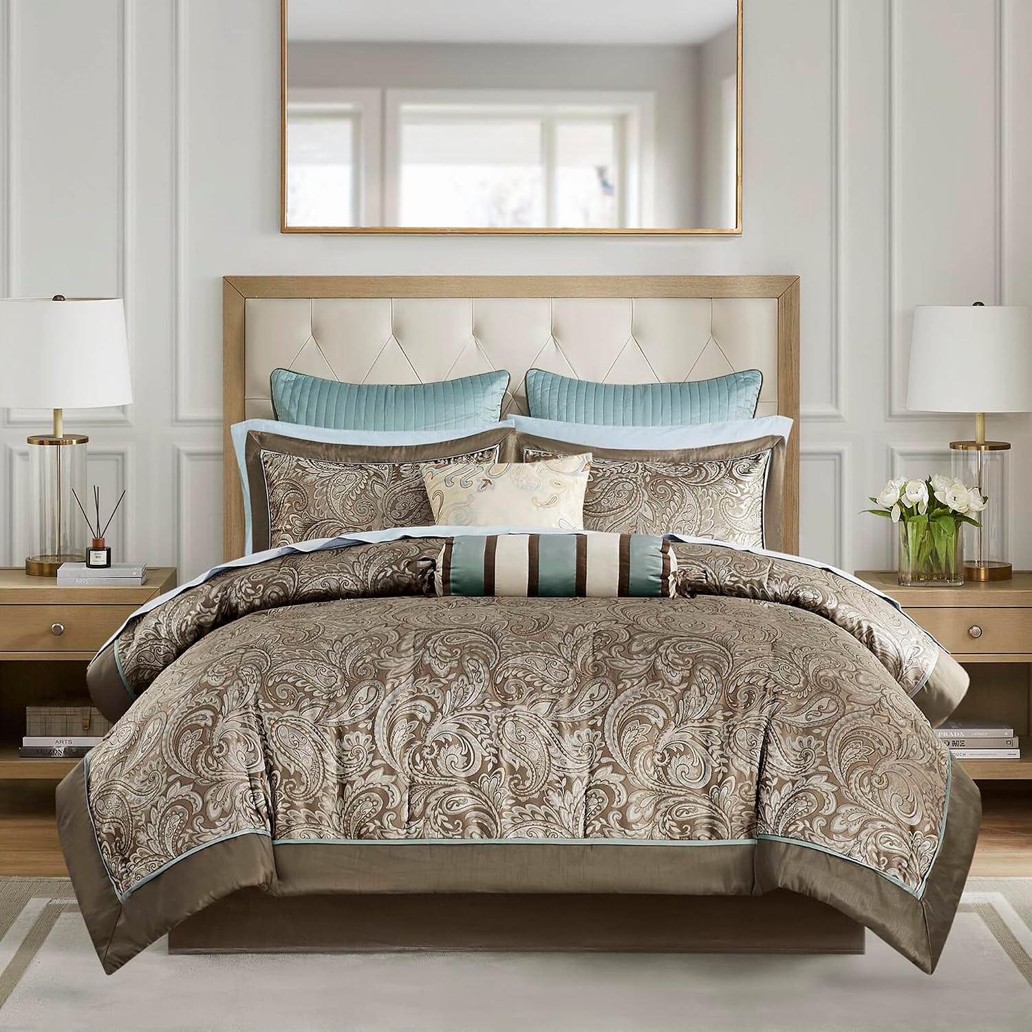 Madison Park Aubrey Cozy Comforter Set, Faux Silk Jacquard Paisley Design - All Season Down Alternative Bedding with Cotton Bed Sheets, Bed Skirt & Toss Pillows, Full Blue 12 Piece