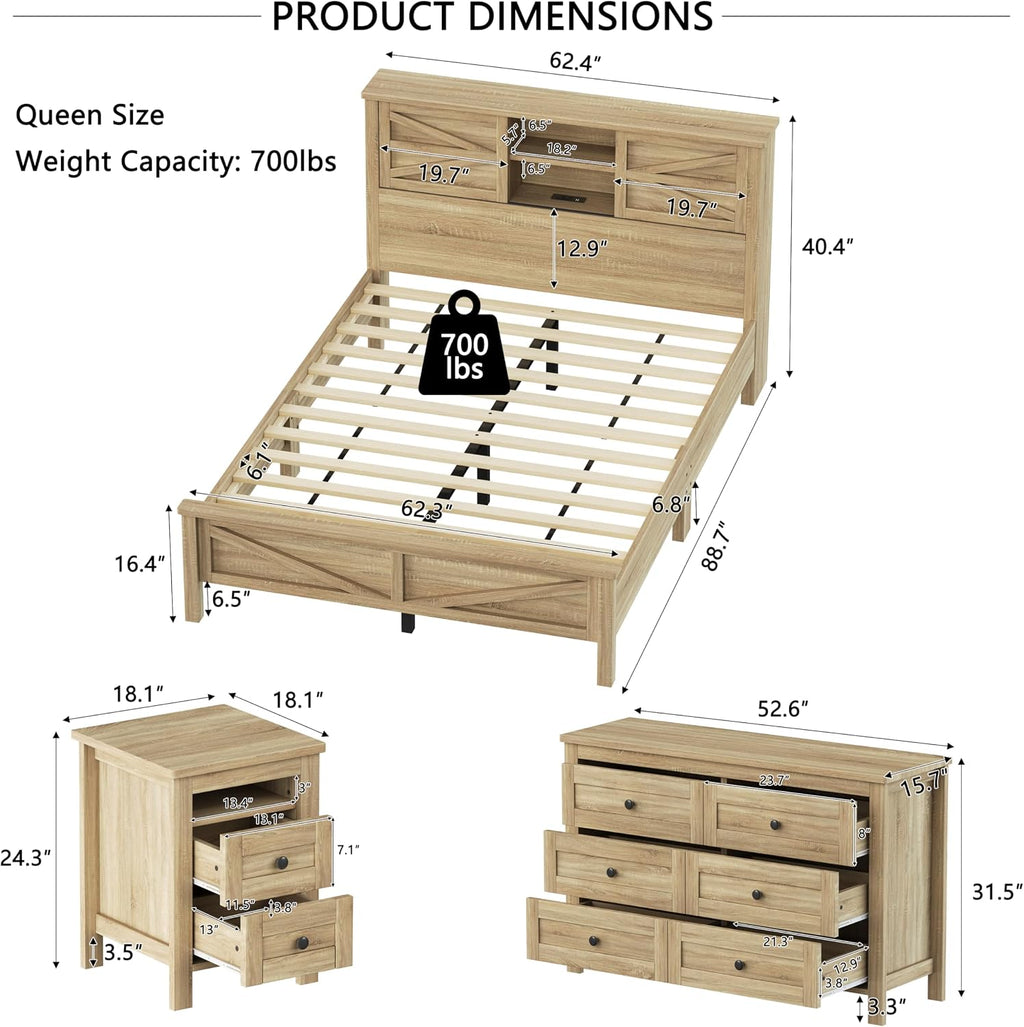 SOFTSEA 3 Pieces Farmhouse Bedroom Set, Queen Size Platform Bed with a Nightstand and 6-Drawer Dresser, Wood Platform Bed with Sliding Barn Door Headboard and Charging Station, Natural