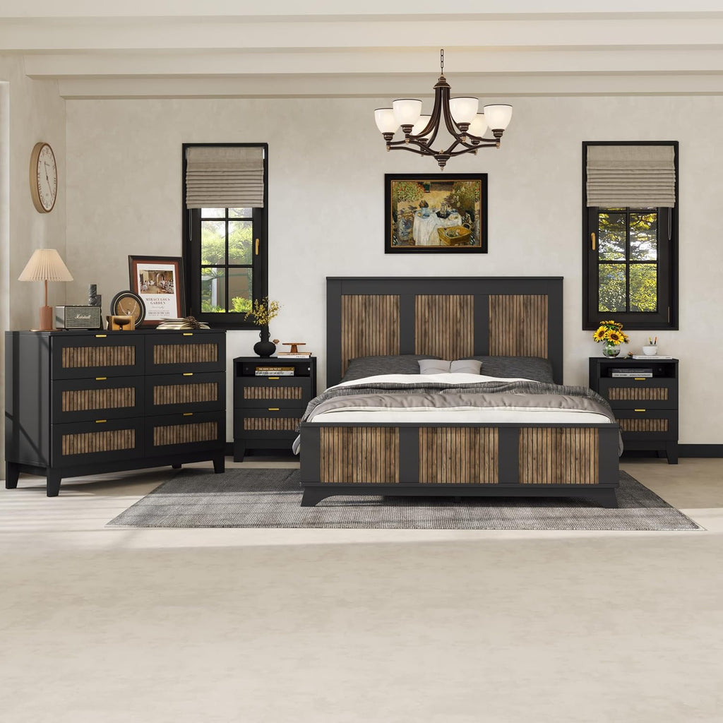 SOFTSEA Farmhouse 4 Piece Queen Size Bedroom Set with Dresser Night Stand, 2 Nightstands and Dresser, Wood Platform Bed with Tall Headboard, Black