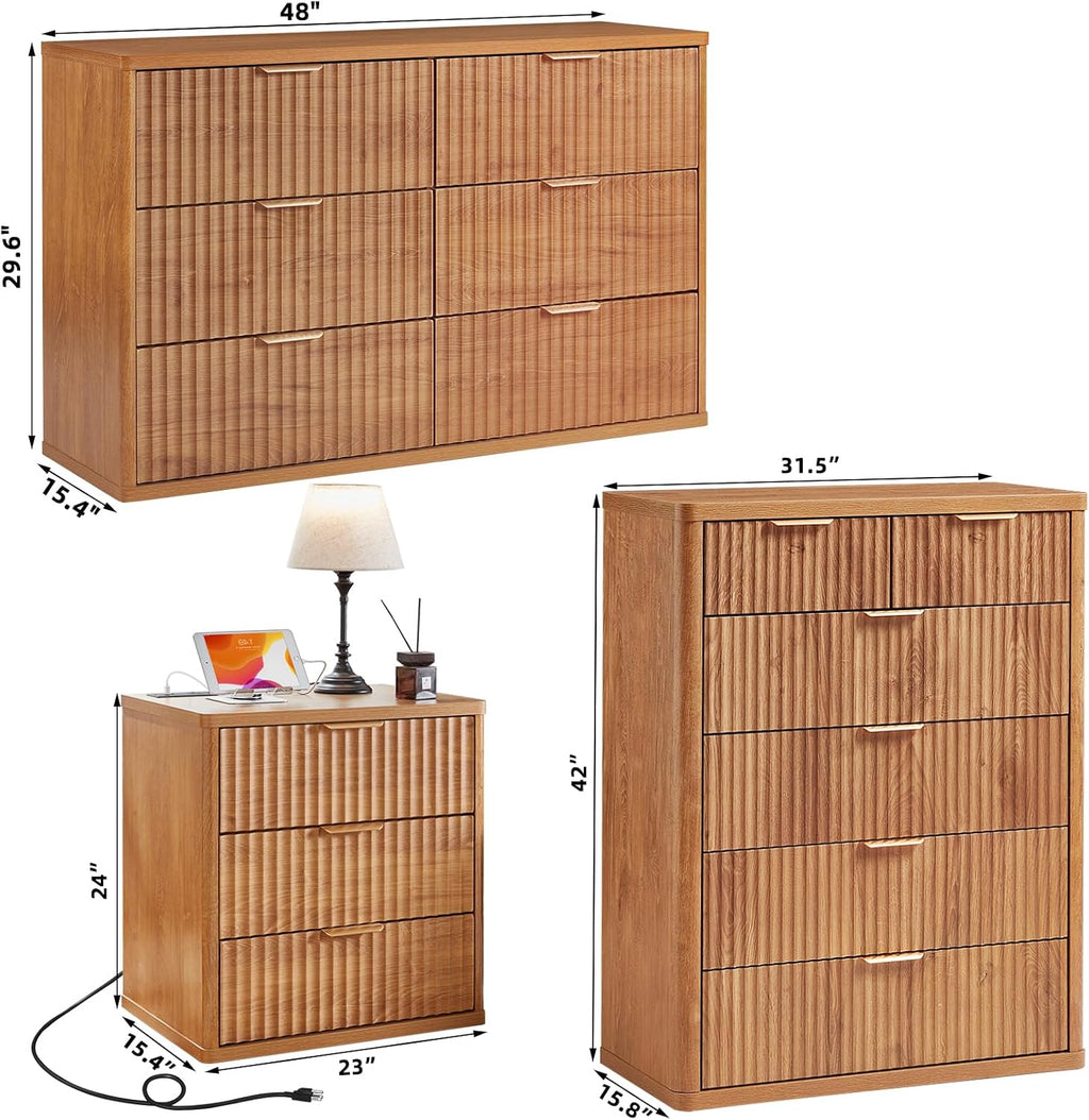 LEYAOYAO Fluted Dressers & Nightstand Set of 3, Wood 48' Wide Dresser & 42' Tall Chest of Drawers,Modern Bedroom Furniture Sets, Brown Wooden Nightstand with 3 Drawers & Charging Station