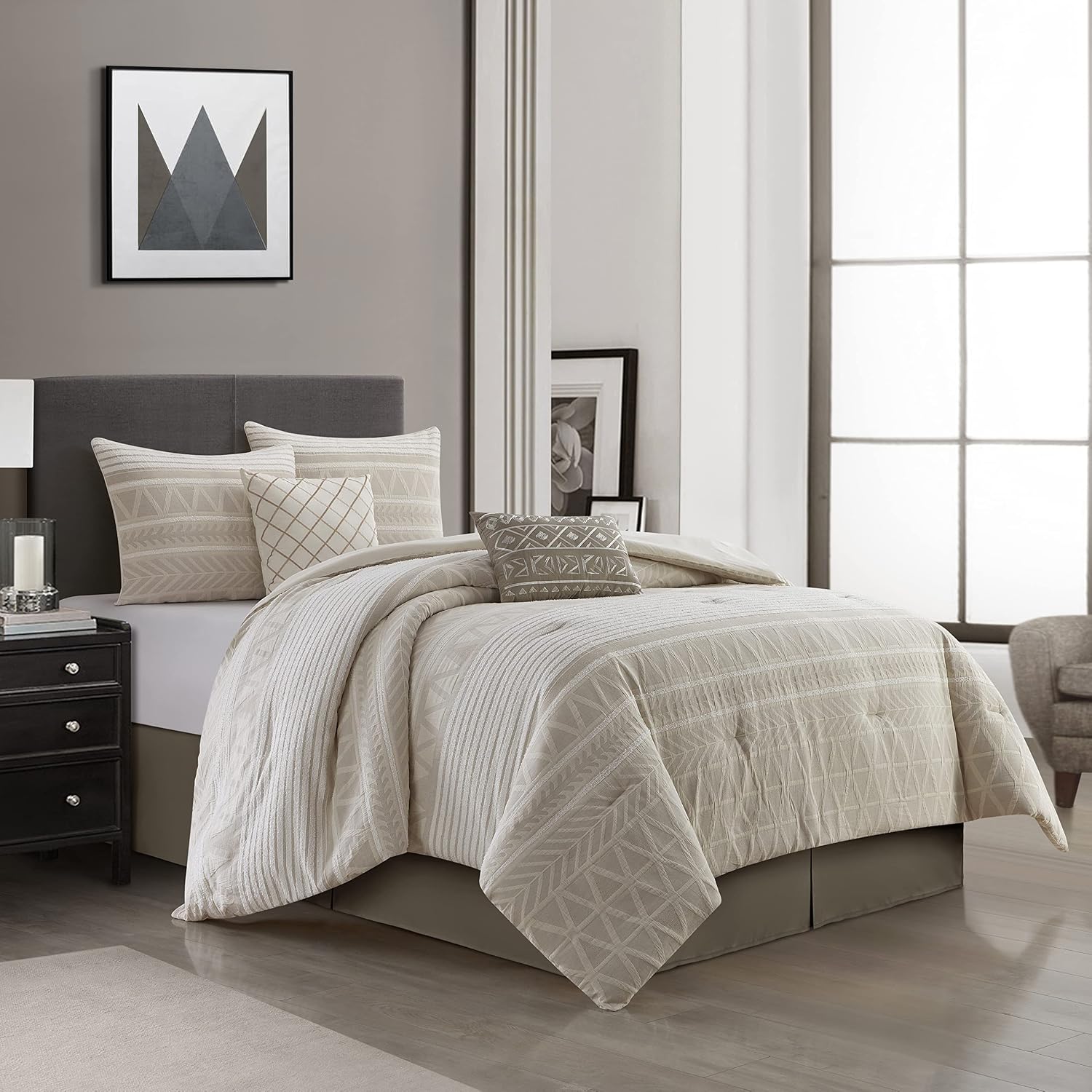 Stratford Park Cotton 6 Piece Comforter Sets, Beige, King Size Bed, Comfortable & Soft, All Season Bedding Set