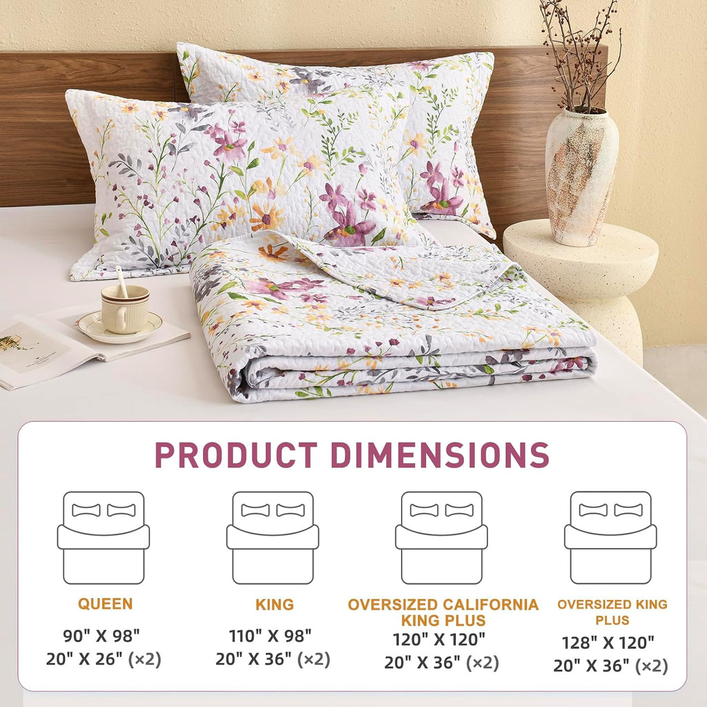 Lady Ann Wild Floral Printed Bed Quilt Sets Queen 100% Cotton Yellow Flower Botanical Pattern Bedding, Vintage Lightweight Coverlet Ultra Soft Bedspread Set with Pillow Shams for All Season, 3 PCS