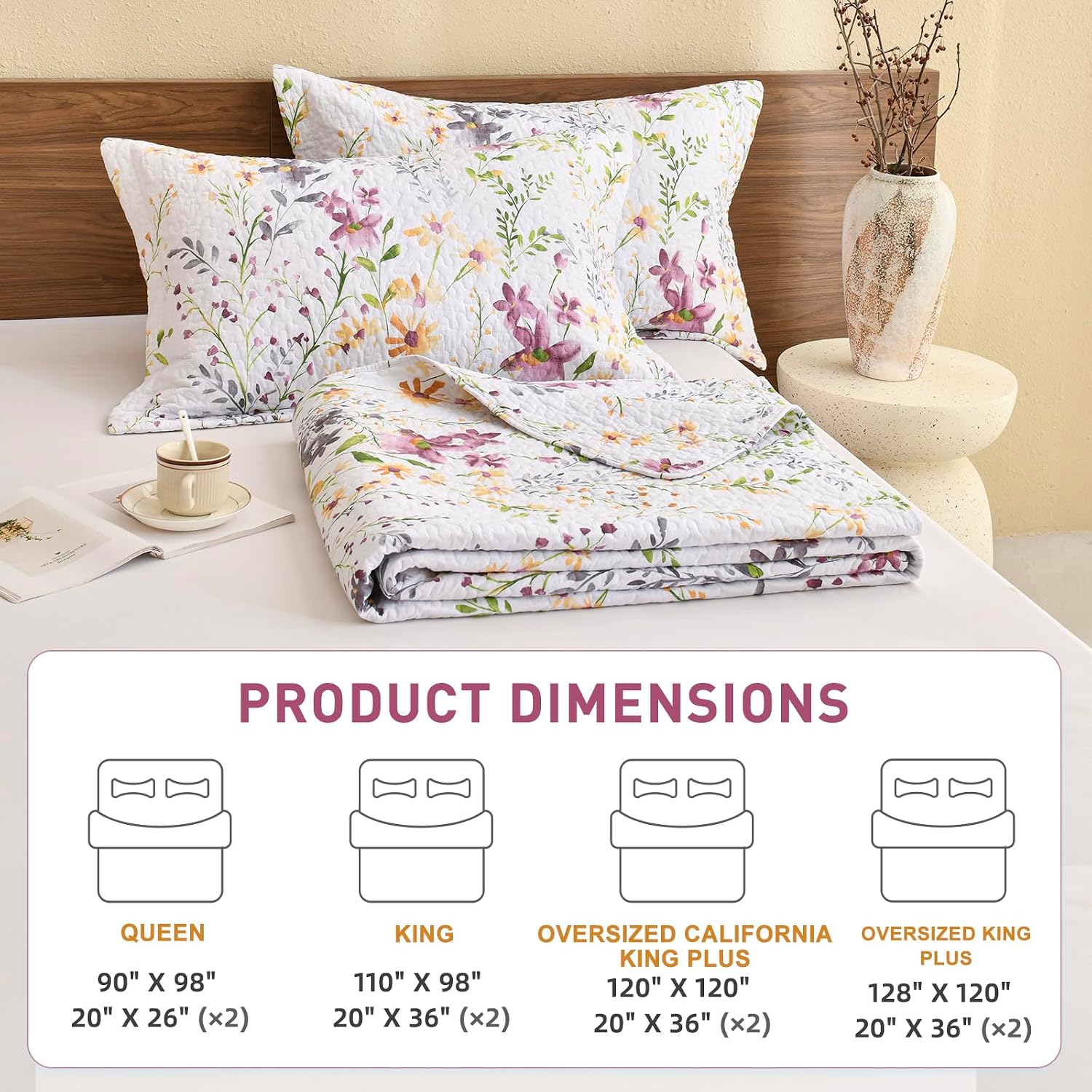 Lady Ann Wild Floral Printed Bed Quilt Sets Queen 100% Cotton Yellow Flower Botanical Pattern Bedding, Vintage Lightweight Coverlet Ultra Soft Bedspread Set with Pillow Shams for All Season, 3 PCS