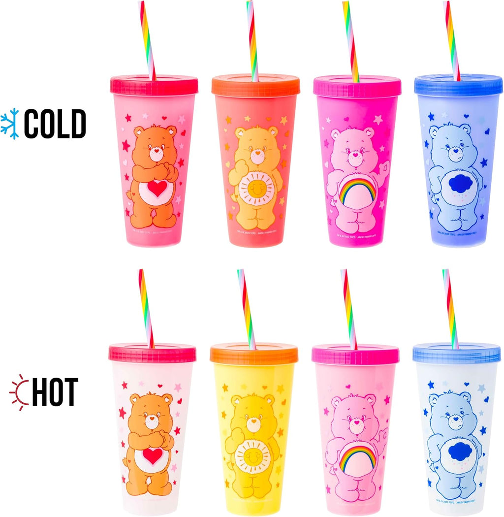 Silver Buffalo Care Bears Hearts and Stars 4 count Plastic Color Changing Tumblers with Rainbow Swirl Straws Featuring Tenderheart, Funshine, Cheer, and Grumpy Bear 24 Ounces (Pack of 12)
