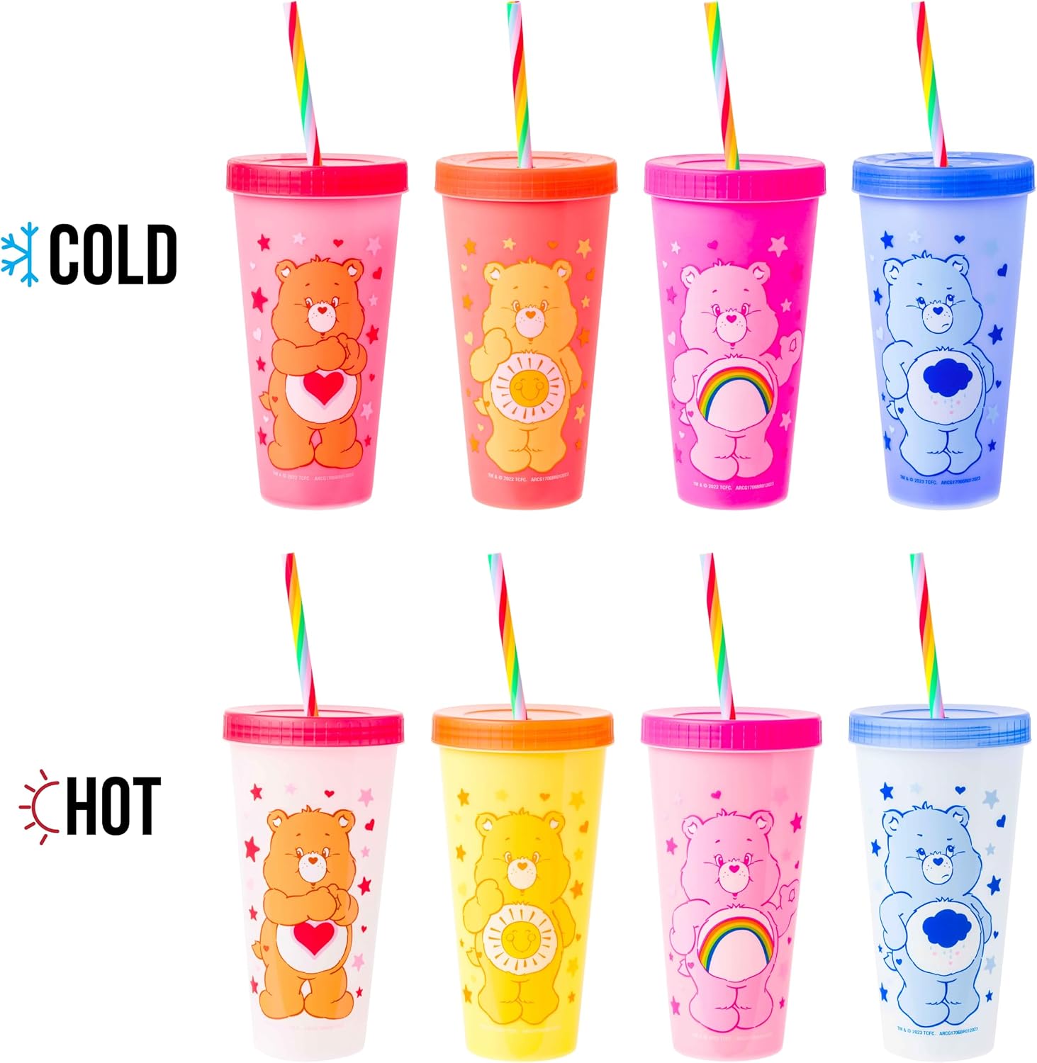Silver Buffalo Care Bears Hearts and Stars 4 count Plastic Color Changing Tumblers with Rainbow Swirl Straws Featuring Tenderheart, Funshine, Cheer, and Grumpy Bear 24 Ounces (Pack of 12)