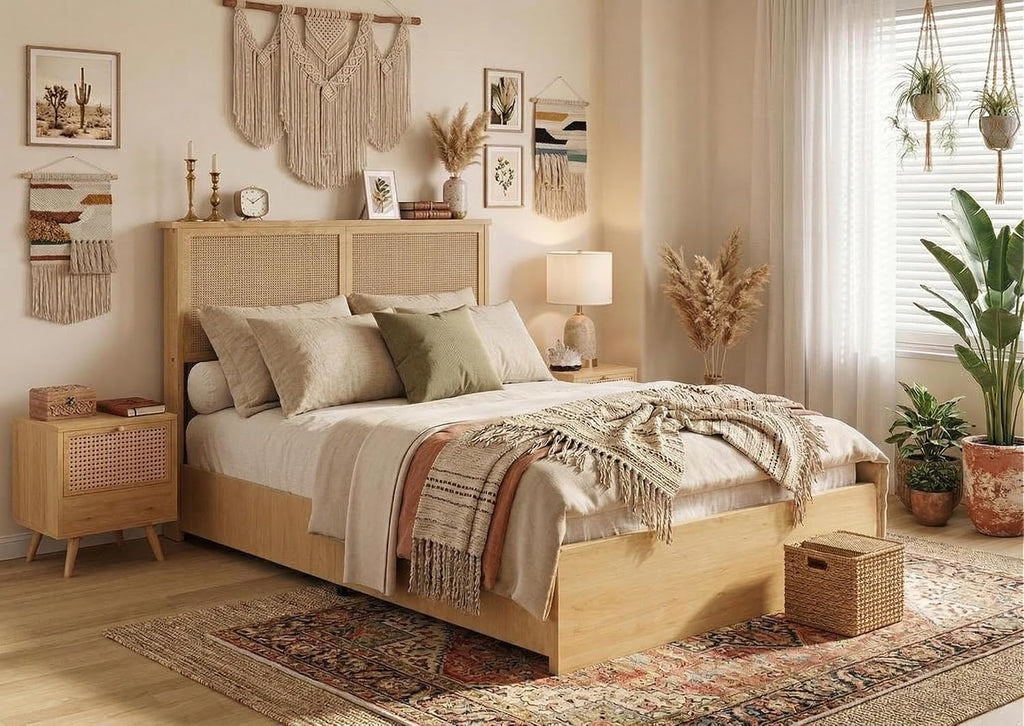 coucheta Rattan Bed Frame Queen with Natural Rattan Headboard,Queen Bed Frame with LED Lights,Rattan Queen Bed Frame with Headboard, Wood Foundation with Silent Slats,No Box Spring Needed