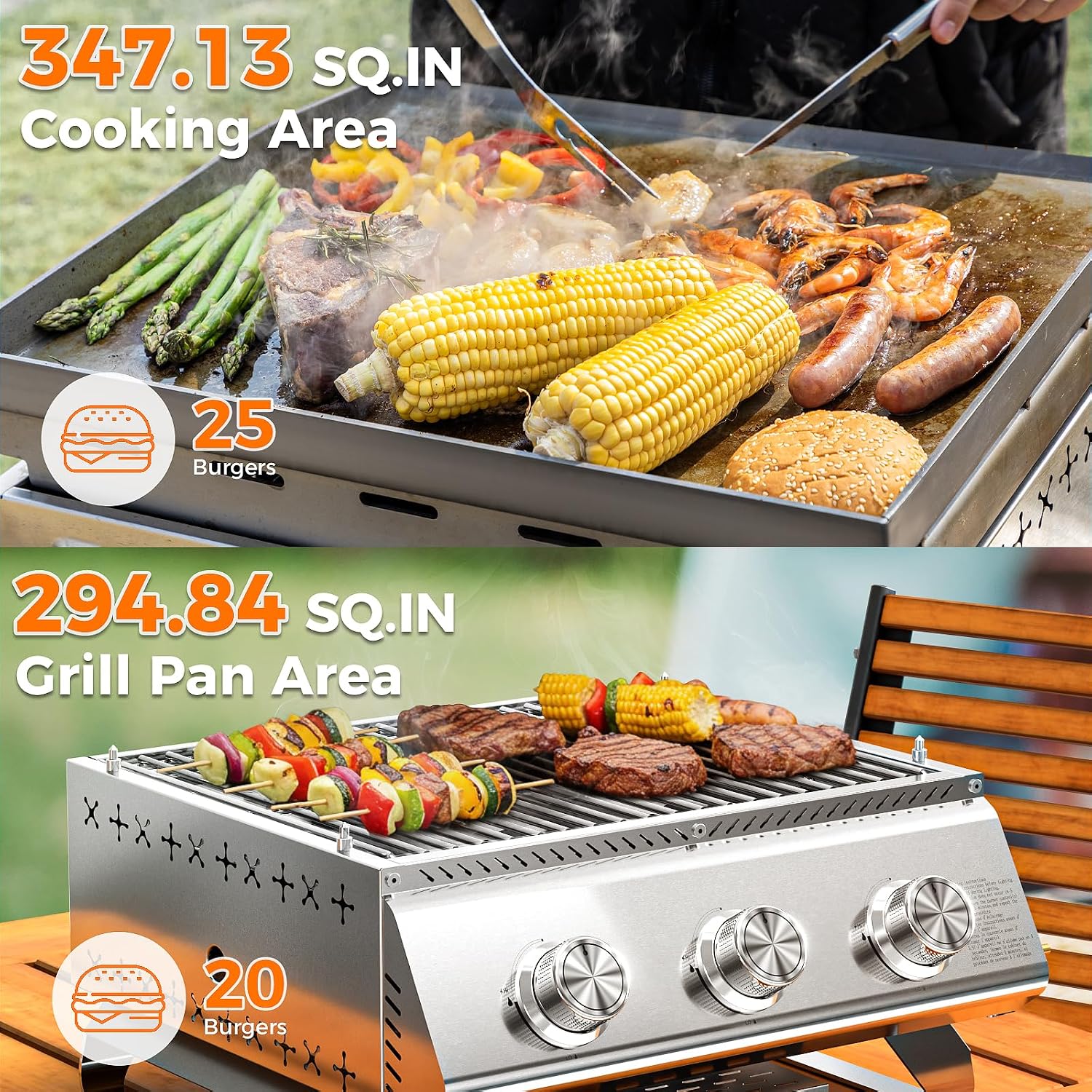 WAA 24000BTU Portable Propane Griddle, Tabletop Portable Propane Gas Grill with 3 Burners, Stainless Steel Flat Top Grill, Outdoor Cooking for Tailgating,Camping, RVs, BBQ, Patio, Silver