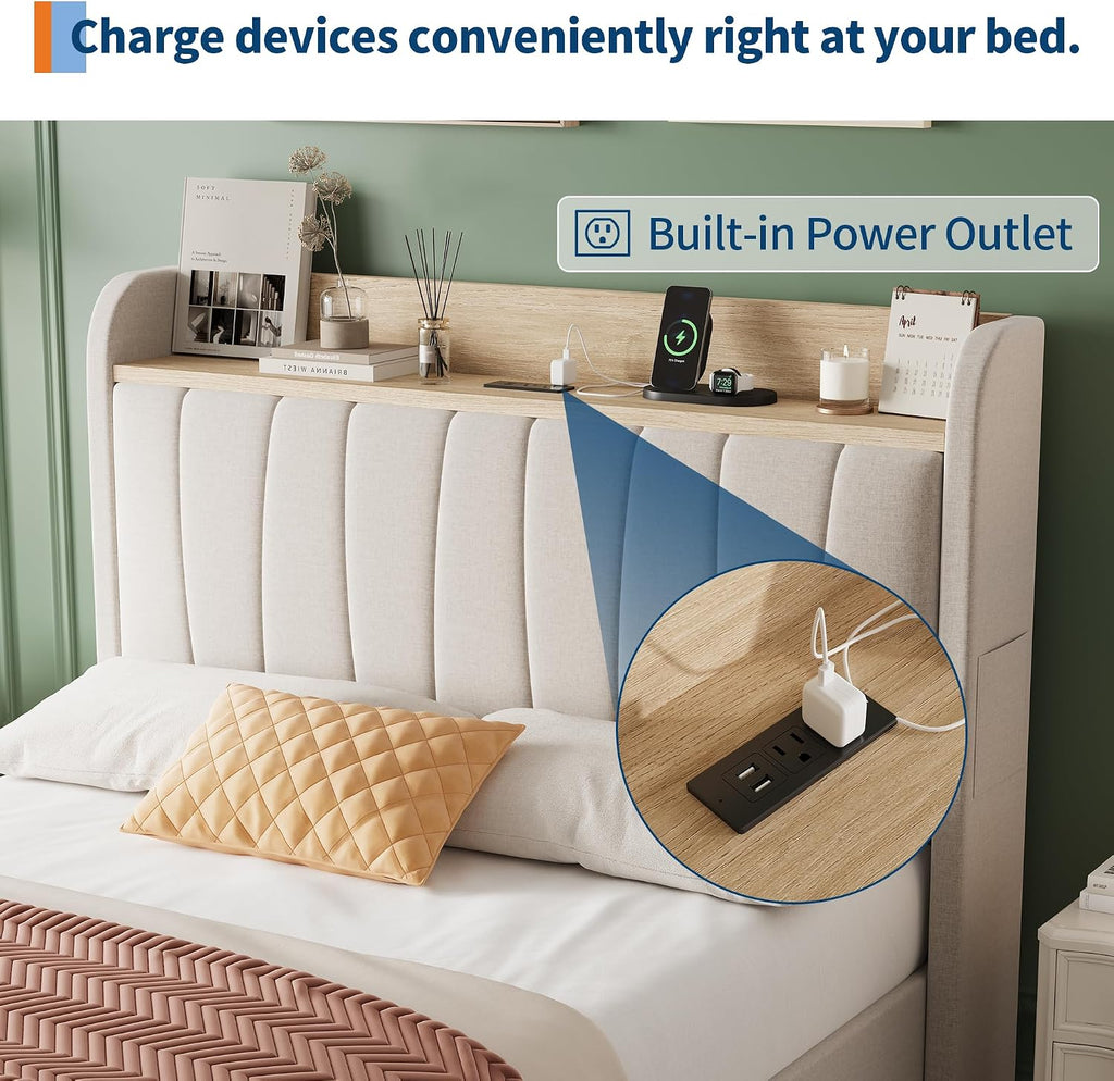 GarveeHome Twin Size Bed Frame with Storage Headboard and Charging Station, Upholstered Platform Bed Frame with Drawers, Heavy Duty, No Box Spring Needed, Easy Assembly, Beige