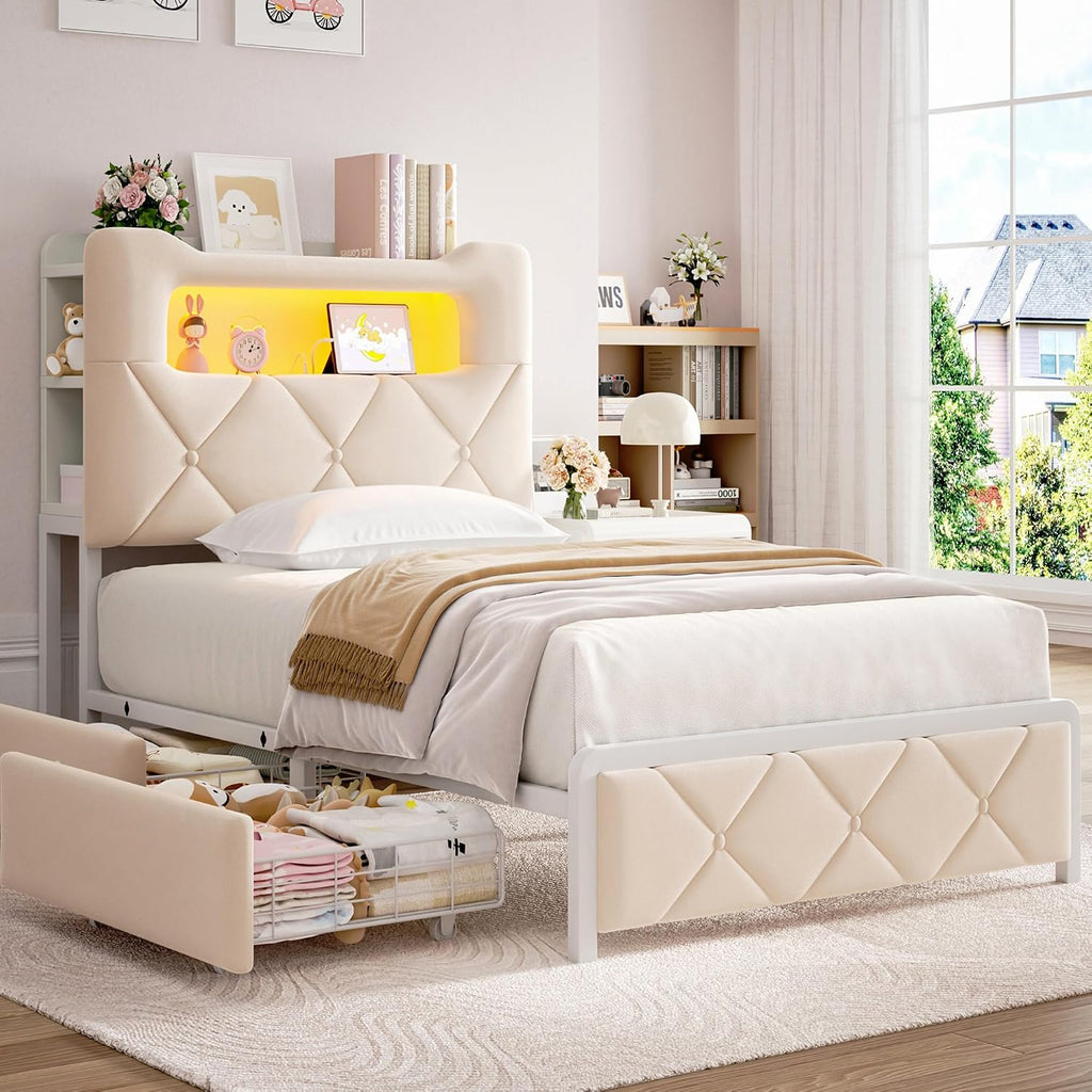 Twin Upholstered LED Bed Frame with 2 Storage Drawers and 2-Tier Storage Bookcase Headboard, Velvet Princess Platform Bed for Kids/Girls/Boys, Corner Bed Frame, Heavy Duty Metal Support, Beige