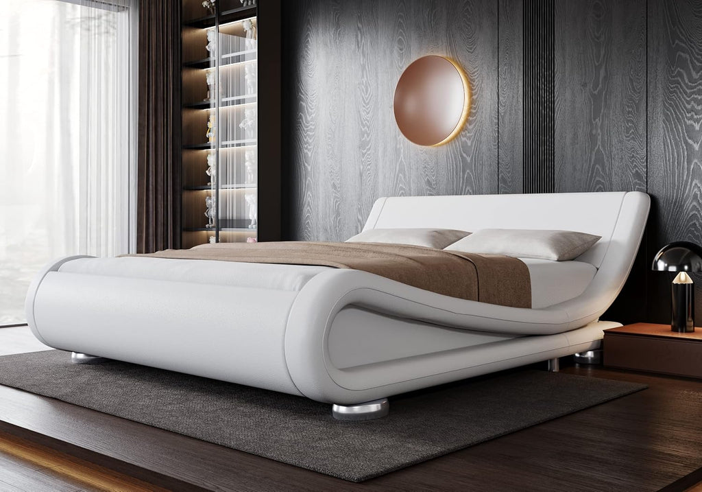 Allewie King Size Bed Frame with Ergonomic & Adjustable Headboard, Low Profile Modern Upholstered Platform Sleigh Design - Easy Assembly, No Box Spring Required, White