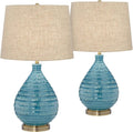 360 Lighting Kayley 24' High Small Mid Century Modern Coastal Table Lamps Set of 2 Blue Ceramic Linen Shade Living Room Bedroom Bedside Nightstand House Office Home Reading Kitchen Entryway Console