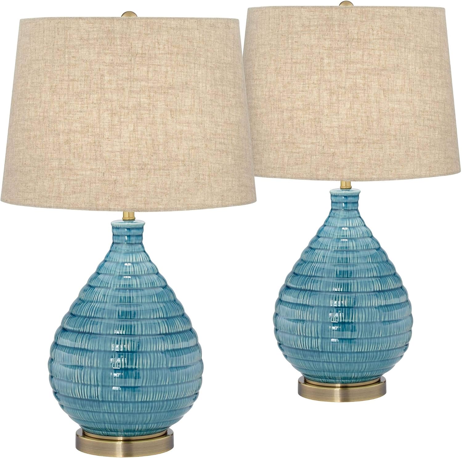 360 Lighting Kayley 24' High Small Mid Century Modern Coastal Table Lamps Set of 2 Blue Ceramic Linen Shade Living Room Bedroom Bedside Nightstand House Office Home Reading Kitchen Entryway Console