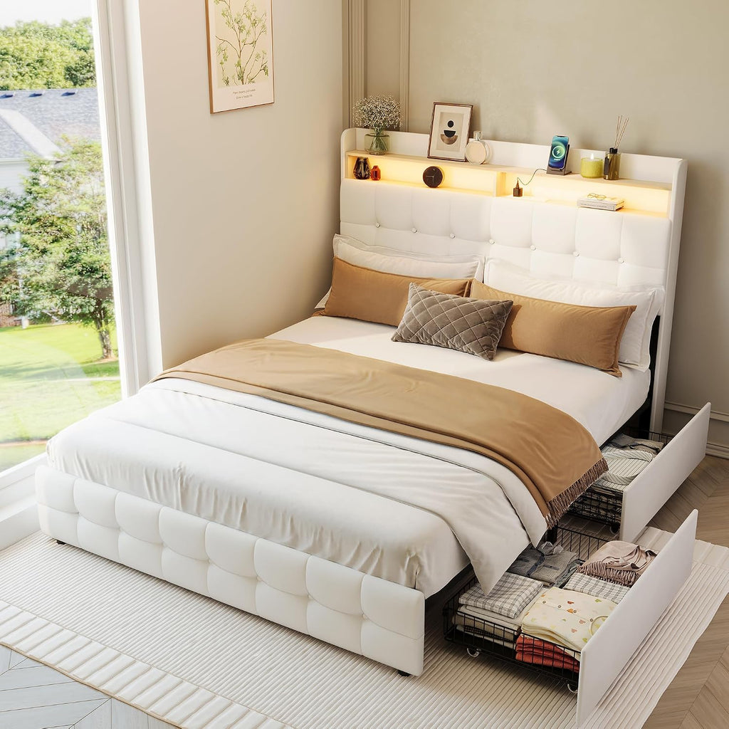 Garvee Full Size Bed Frame with 2 Storage Drawers, Upholstered Bed Frame Full with LED Light, Double-Layer Bedside Headboard with Charging Socket and USB Port, Soft Plush Fabric, White