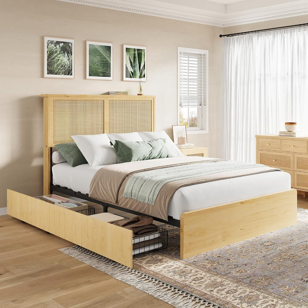 coucheta Rattan Bed Frame Full with Natural Rattan Headboard,Full Bed Frame with LED Lights,Rattan Full Bed Frame with Headboard, Wood Foundation with Silent Slats,No Box Spring Needed