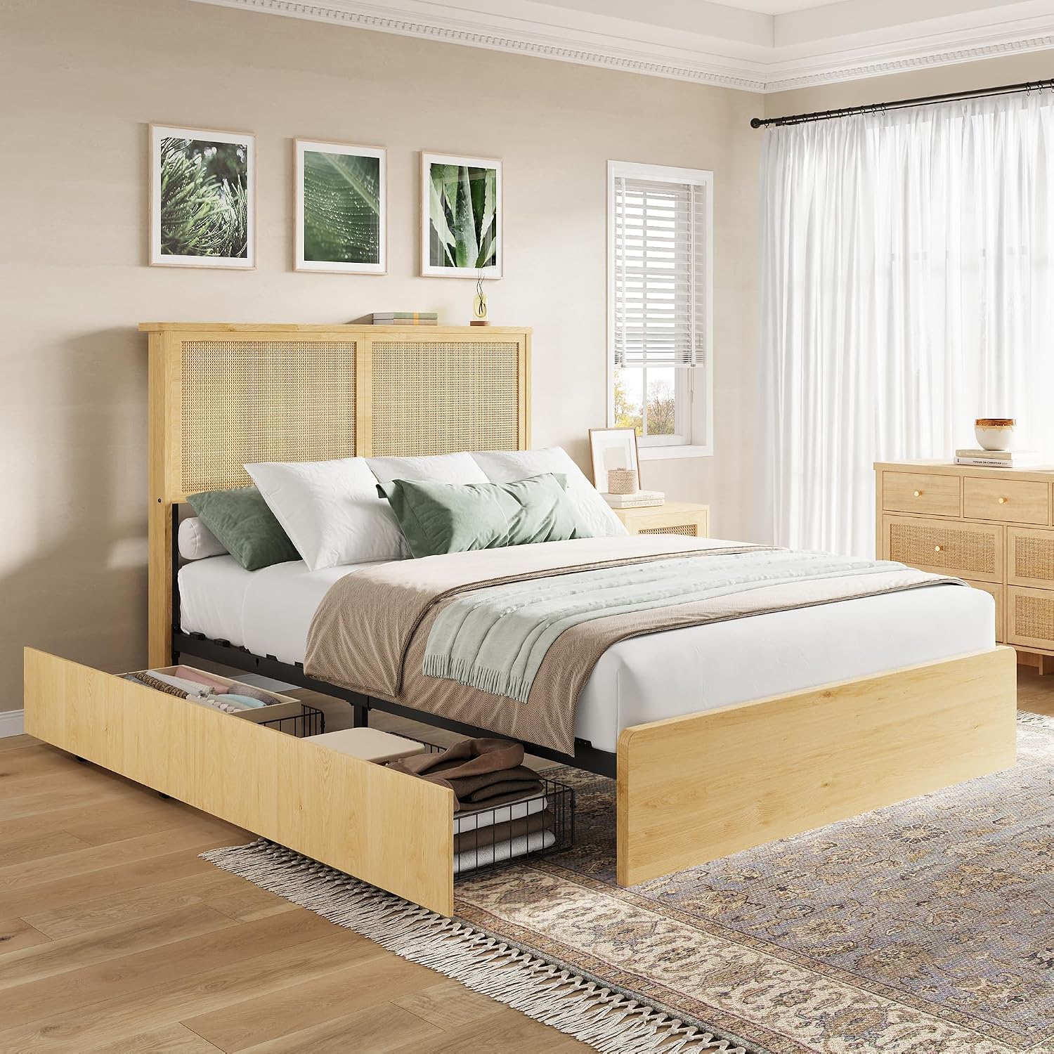 coucheta Rattan Bed Frame Full with Natural Rattan Headboard,Full Bed Frame with LED Lights,Rattan Full Bed Frame with Headboard, Wood Foundation with Silent Slats,No Box Spring Needed