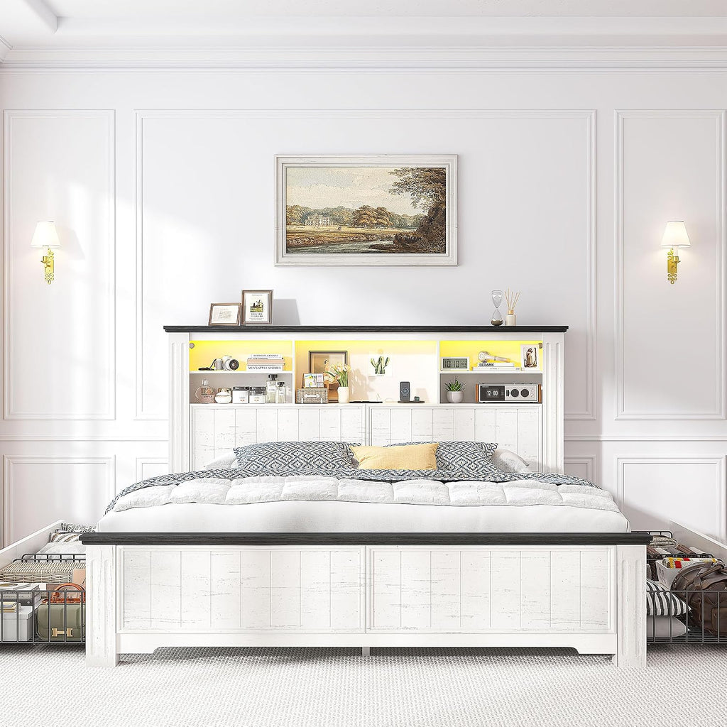 EnHomee Full Size Bed Frame with Storage, Full Bed Frame with 4 Drawers Charging Port & LED,Bed Frame with Headboard Built in Charging Station,No Box Spring Needed,NO Noise,White with Grain Marks